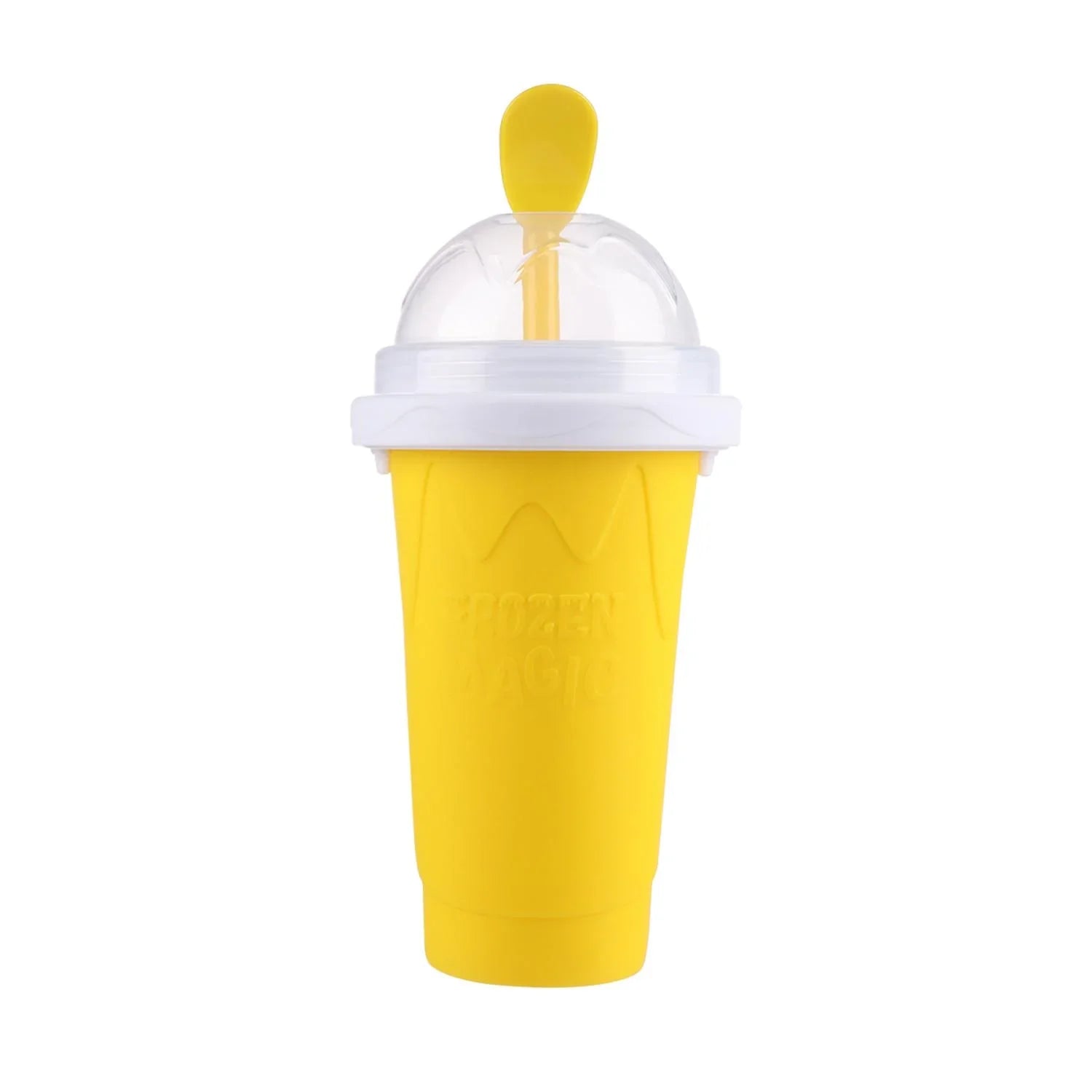 Beckett yellow slush cup with a clear plastic design and colorful straw, perfect for cold drinks and summer refreshment.